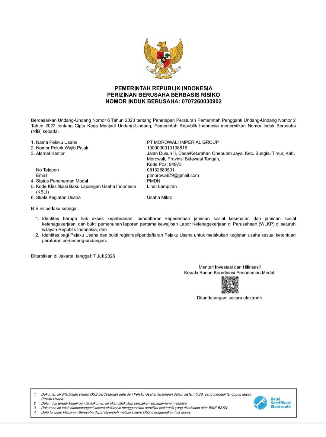 Dokumen Legalitas PT Morowali Imperial Group
